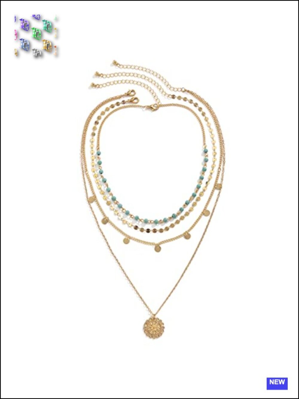 Boho Turquoise Coin Pendant Necklace Set Gold Plated Alloy 4pc Layered